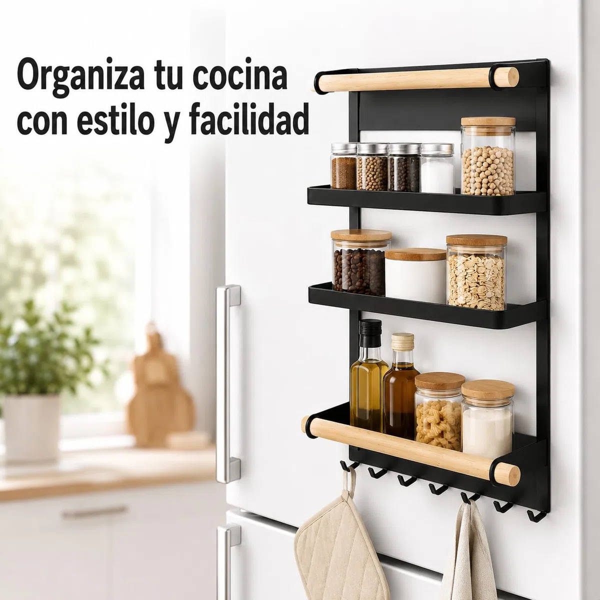 Estantería Magnética para Especias 2 Niveles con 6 Ganchos, Organizador de Cocina Negro Mate, Compacto y Funcional 26,5x18x19 cm, Ahorra Espacio y Ordena Fácilmente