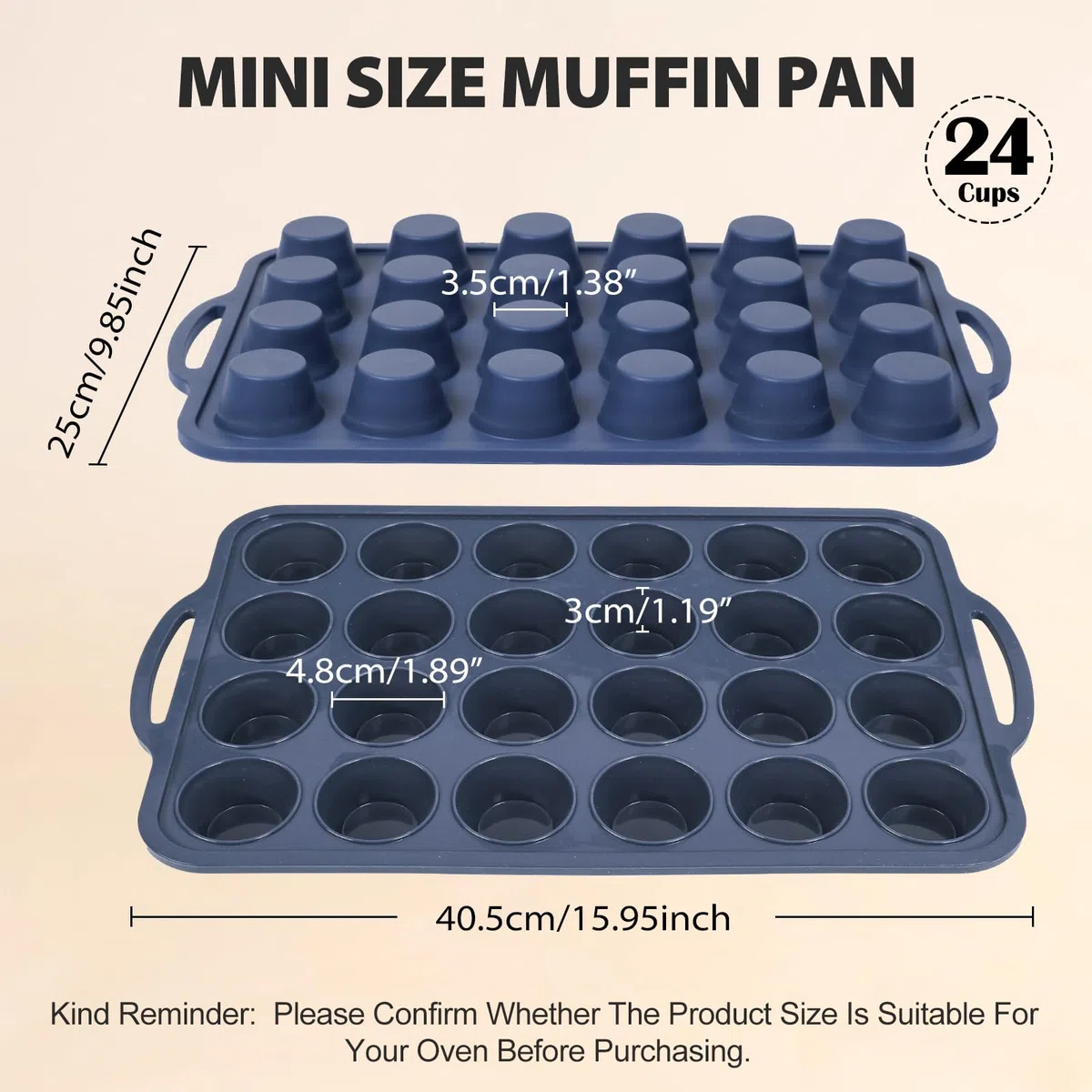 SUPER KITCHEN Pack 2 Moldes Magdalenas 24 Huecos, Silicona con Asas, Estructura Metálica Estable, Fácil Limpieza, Libre de BPA, Cupcake, Brownie, Gris