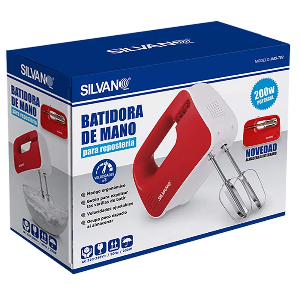 Batidora de Varillas Eléctrica con 3 Niveles de Velocidad y una Potencia de 170-200W - Función Turbo - Mango Ergonómico - Ideal para Repostería y para Montar Claras y Nata - Color Rojo y Blanco