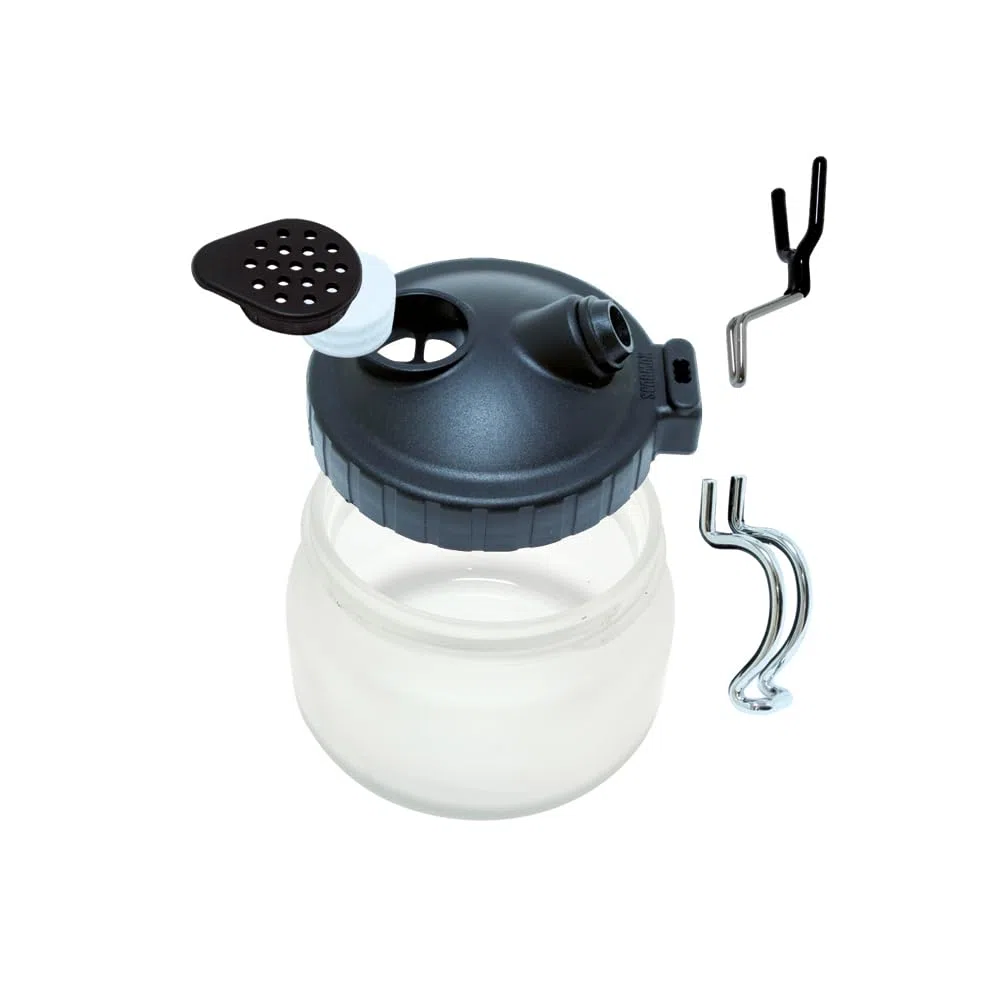 Vallejo Hobby Tools Estación de Limpieza para Aerógrafo. Kit de Limpieza con Soporte y Bote de Cristal con Tapa para el Cuidado y Mantenimiento del Aerógrafo