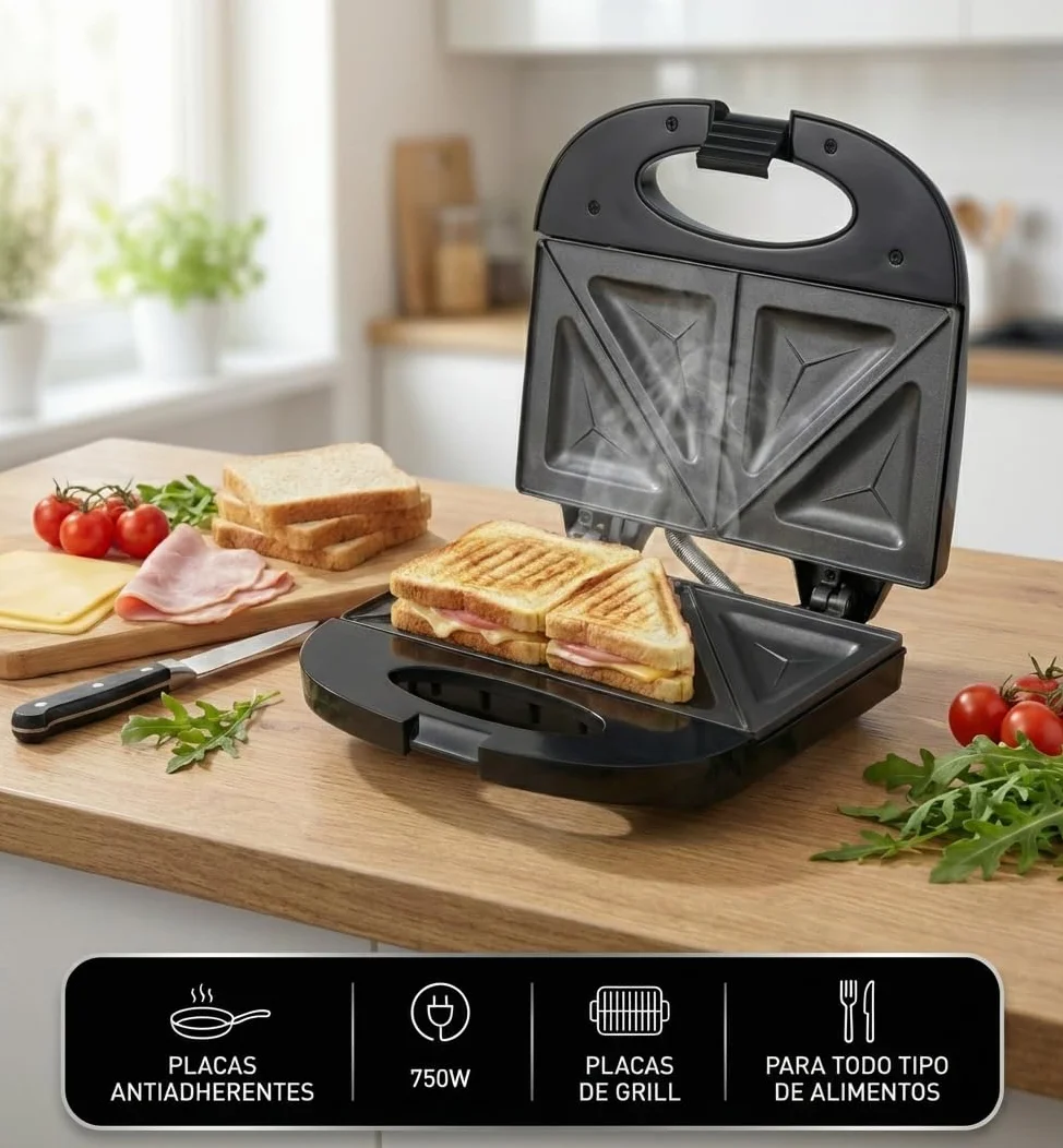 My Wave - Sandwichera - Potencia de 750W - Para Todo Tipo de Alimentos - Apertura de 90º - Parrilla Eléctrica con Placas Antiadherentes - Medidas: 22,5 x 14 cm- Negro