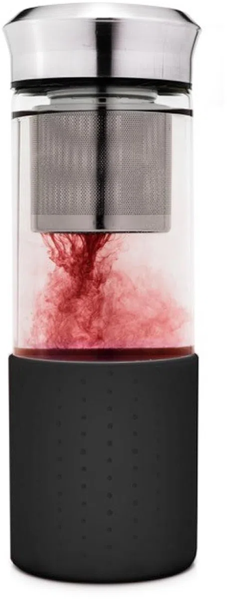 Creano Teamaker Tetera Nómada de Vidrio de Borosilicato 400ml con Filtro de Acero Inoxidable y Funda de Neopreno Hermética – Negro