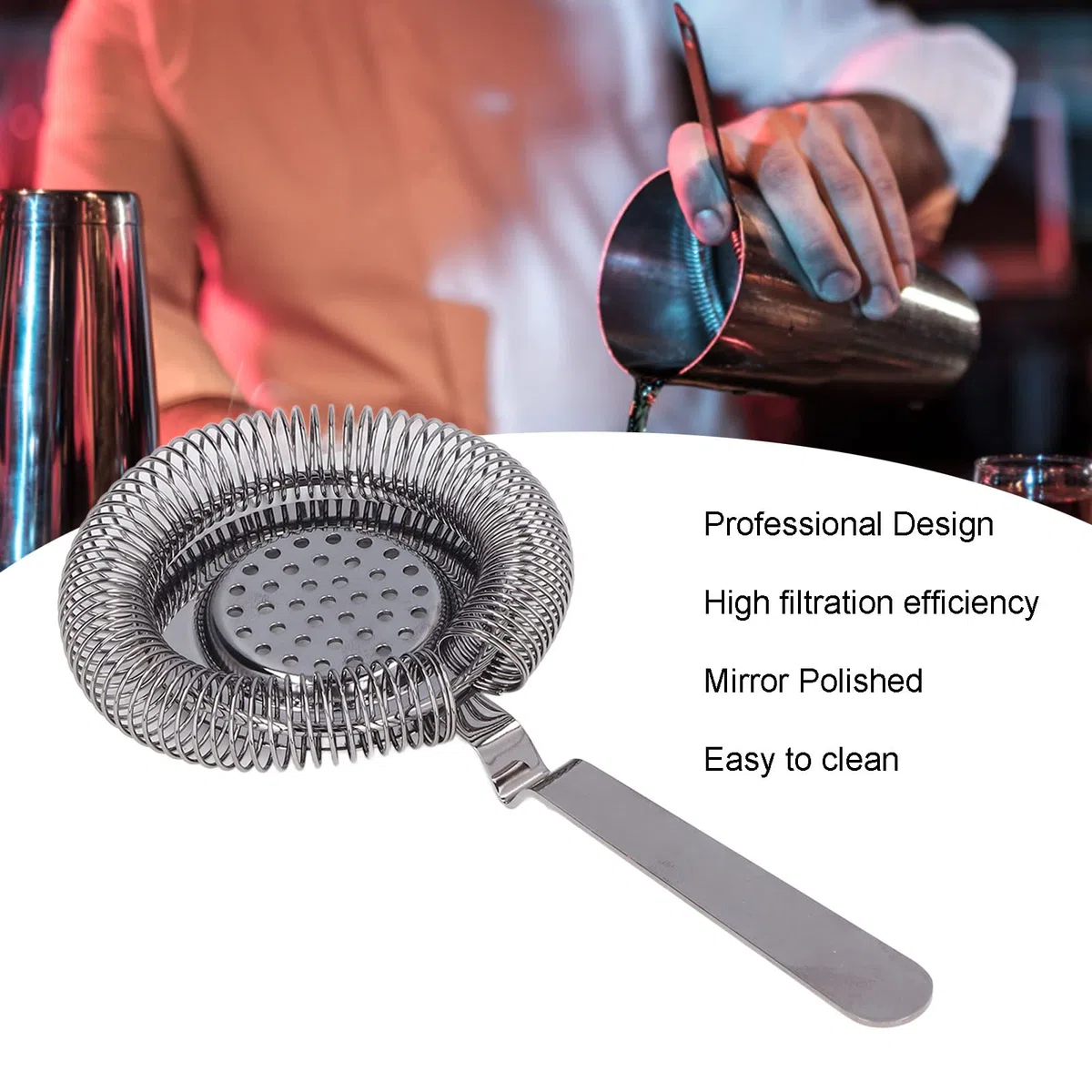 Colador de barra Colador de cóctel Herramienta de filtrado Filtrado fino Colador de cóctel de acero inoxidable profesional para coctelería, Herramienta de barra Colador(plata)
