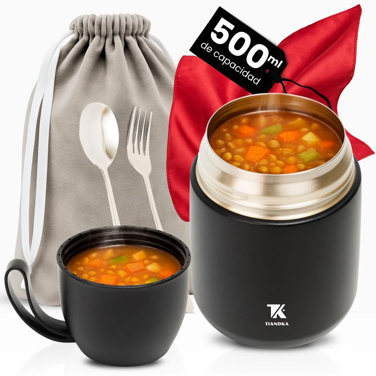 Termo Comida Caliente con Bolsa de Transporte, Servilleta Reutilizable, Cuchara y Tenedor Acero Inoxidable, 500ml, Fiambrera Termica, Termo solidos bebe, Tupper Termico, Apto Lavavajillas
