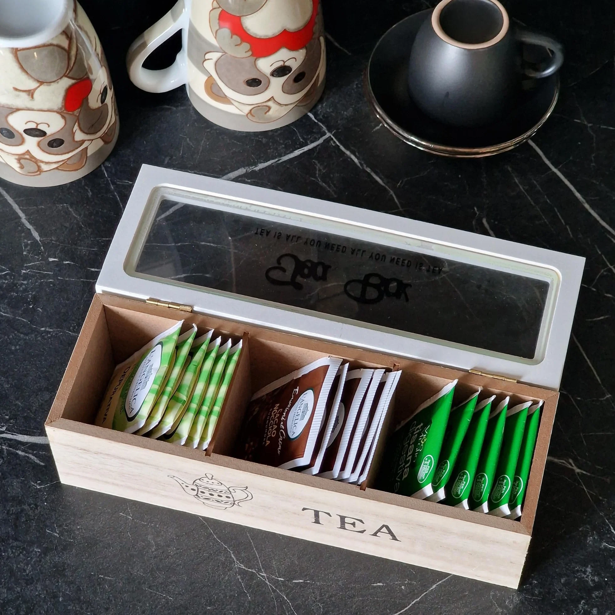 Caja portar infusiones de madera, 3 Tea Box, bolsitas blancas 24 x 8 x 7 cm