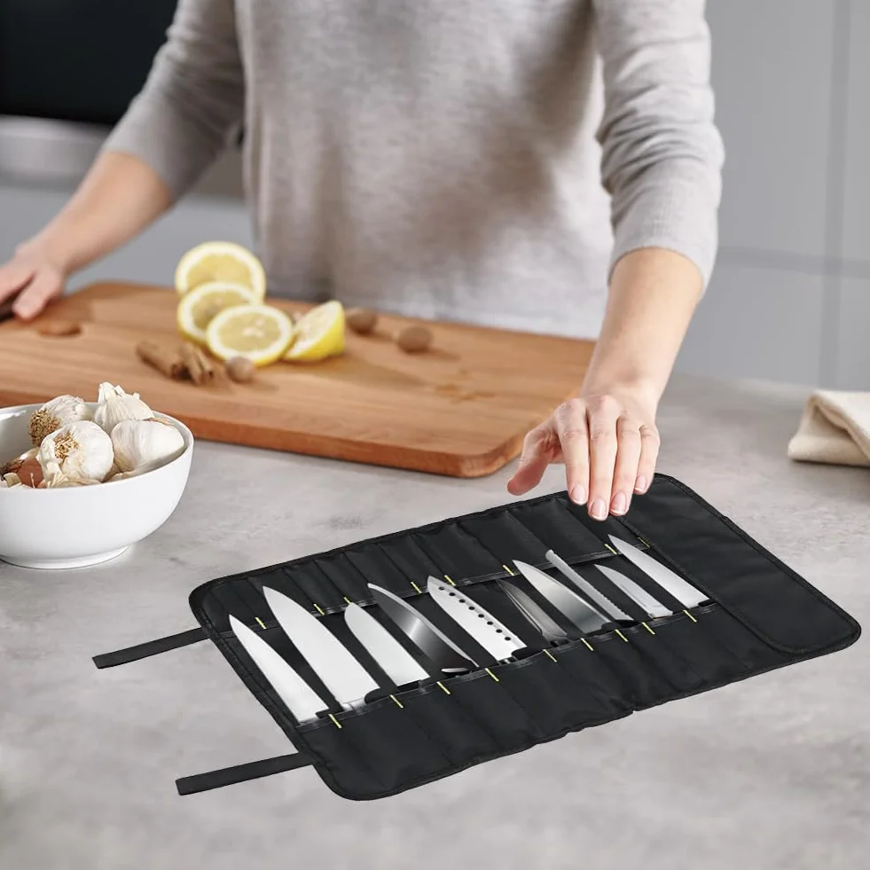 Bolsa para Cuchillos de Chef，35,5 * 57 cm con 20 Ranuras Protectores de Rollo de Almacenamiento de Cubiertos Portátiles Multifuncionales para el Hogar Cocina Viajes y Campamentos Sostiene