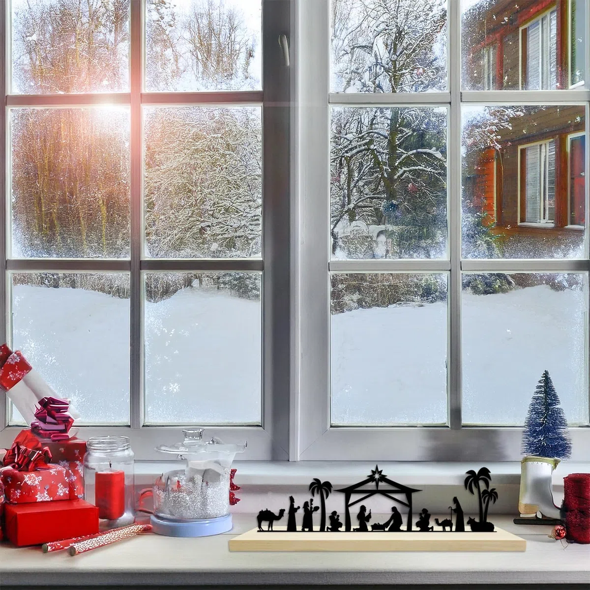 HINGTAI Juego de belén navideño de Metal Negro con Base de Madera, decoración de belén de Invierno, Juego de belén navideño para Interiores, decoración de Mesa y estantes para el hogar Durante