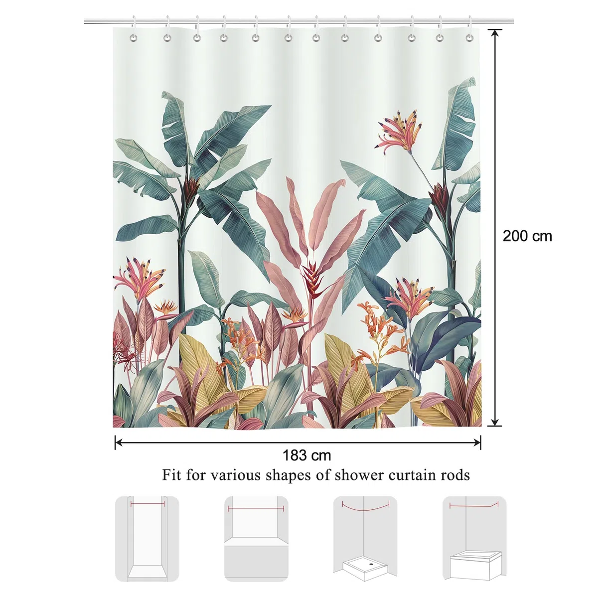 Bonhause Cortina de Ducha Hojas de Plátano Planta Tropical Verde 180 x 200 cm Cortina de Baño de Poliéster Impermeable Antimoho Lavable Cortina Ducha con 12 Ganchos