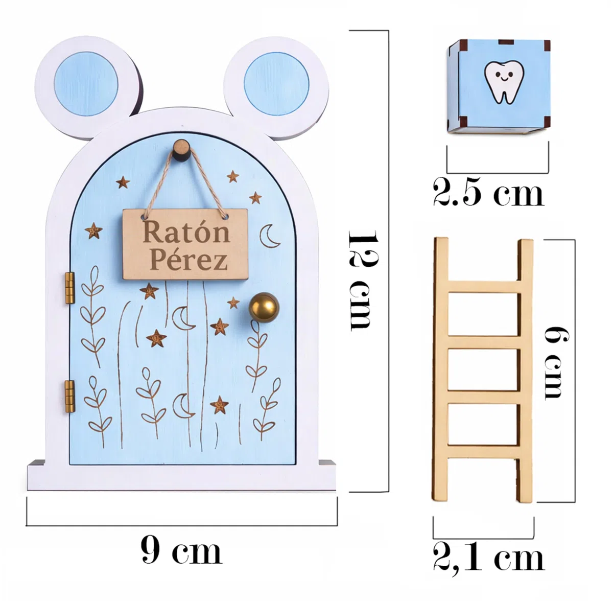 Zaldun-Puerta Ratoncito Pérez – Casita Ratoncito Pérez de Madera | Caja para Dejar Dientes,Escalera, certificados y Moneda - Se Abre la Puerta. (Azul)