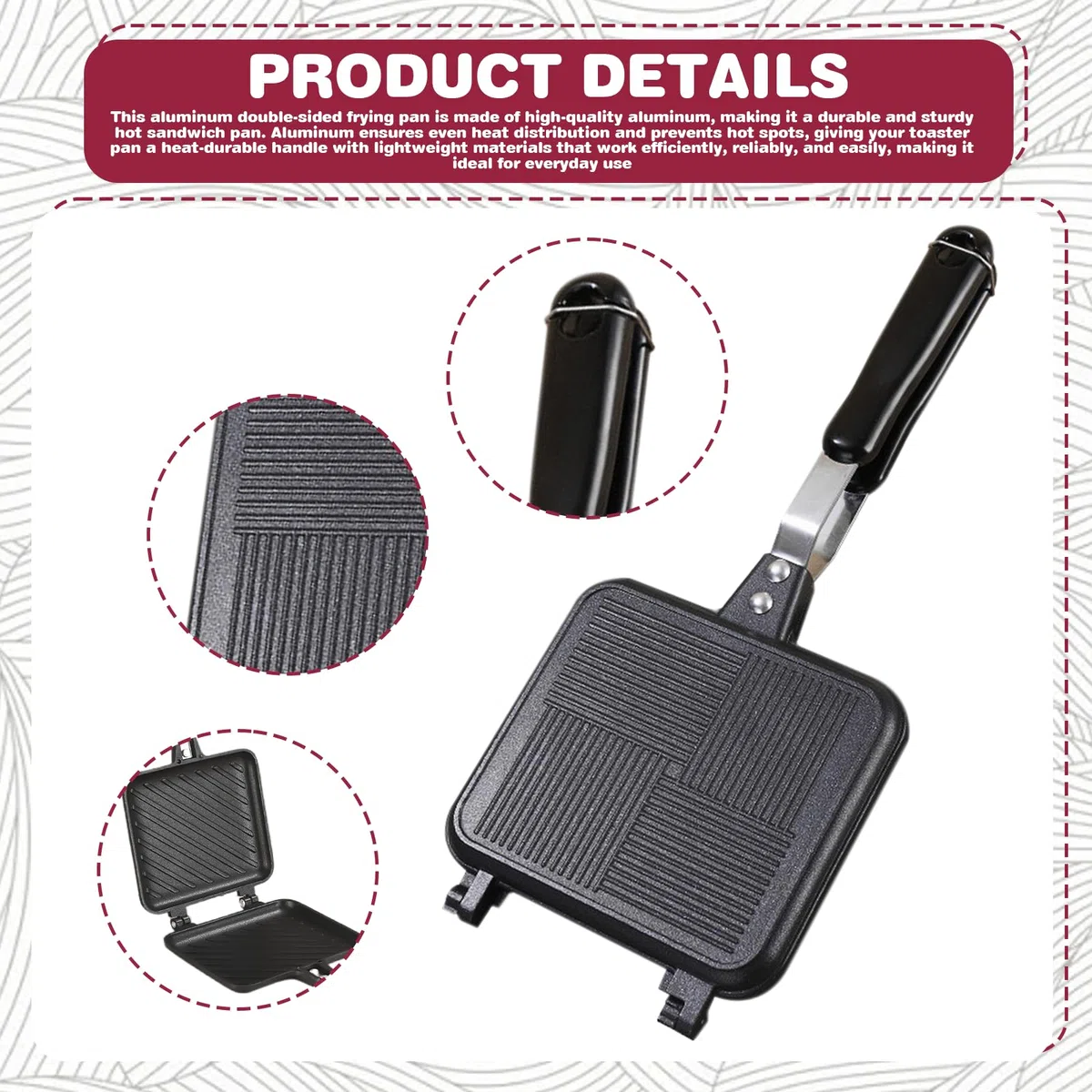 Sartén de aluminio de doble cara: Hot Sandwich Maker Pan, tostadora con mango resistente al calor, revestimiento antiadherente Sandwich Panini Maker para el hogar, la cocina no apta para cocina