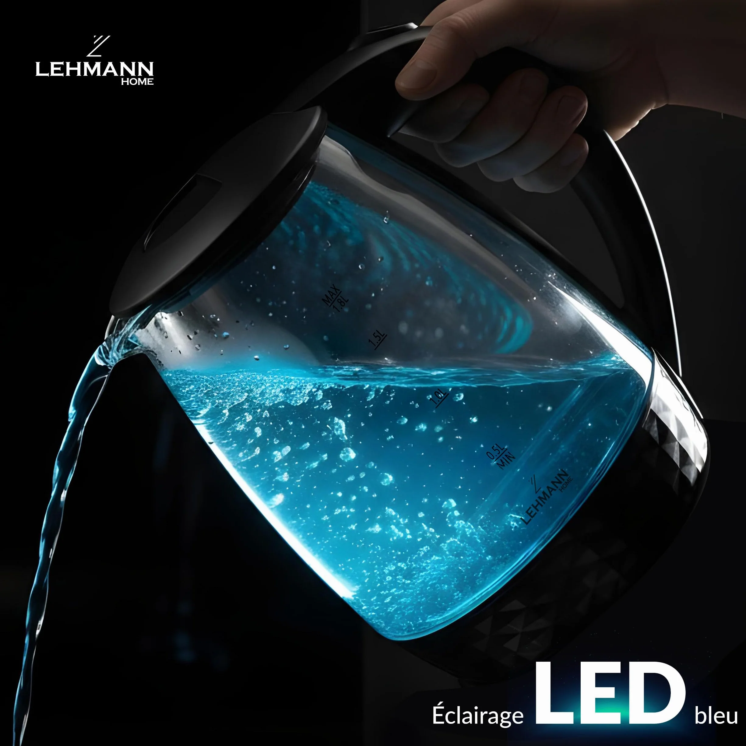 Lehmann LHOEK-2220C Hervidor eléctrico de vidrio para cocina, 2 L, 2200 W, hervidor eléctrico de vidrio, hervidor de agua con tanque iluminado y pedestal decorado, cocción rápida y gran capacidad