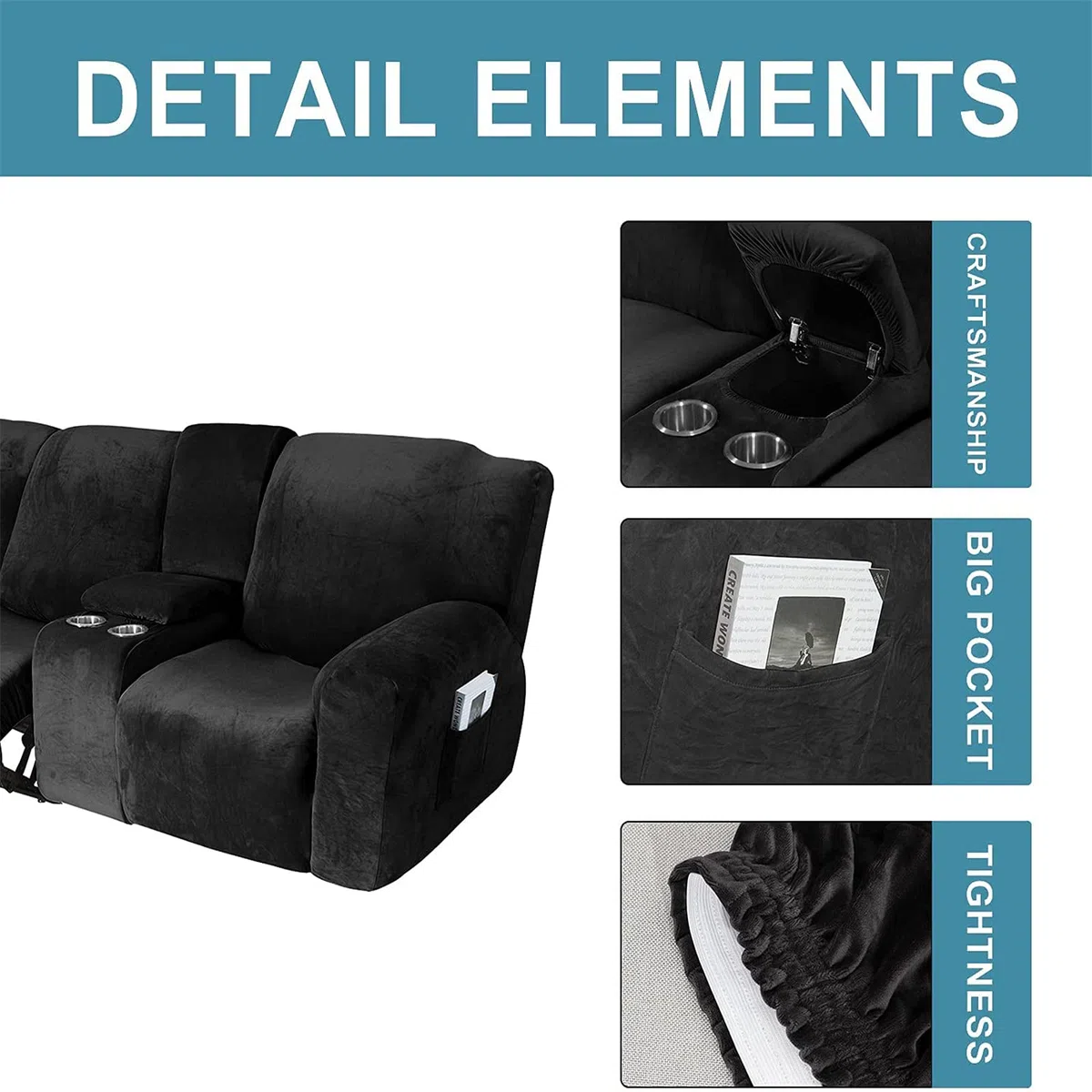 Funda reclinable elástica de Terciopelo con Consola - Tela Lavable Suave y Gruesa - Color Arena de 2 a 3 plazas - ¡Proteja su sofá reclinable con Esta Funda reclinable Premium contra el Desgaste Dia