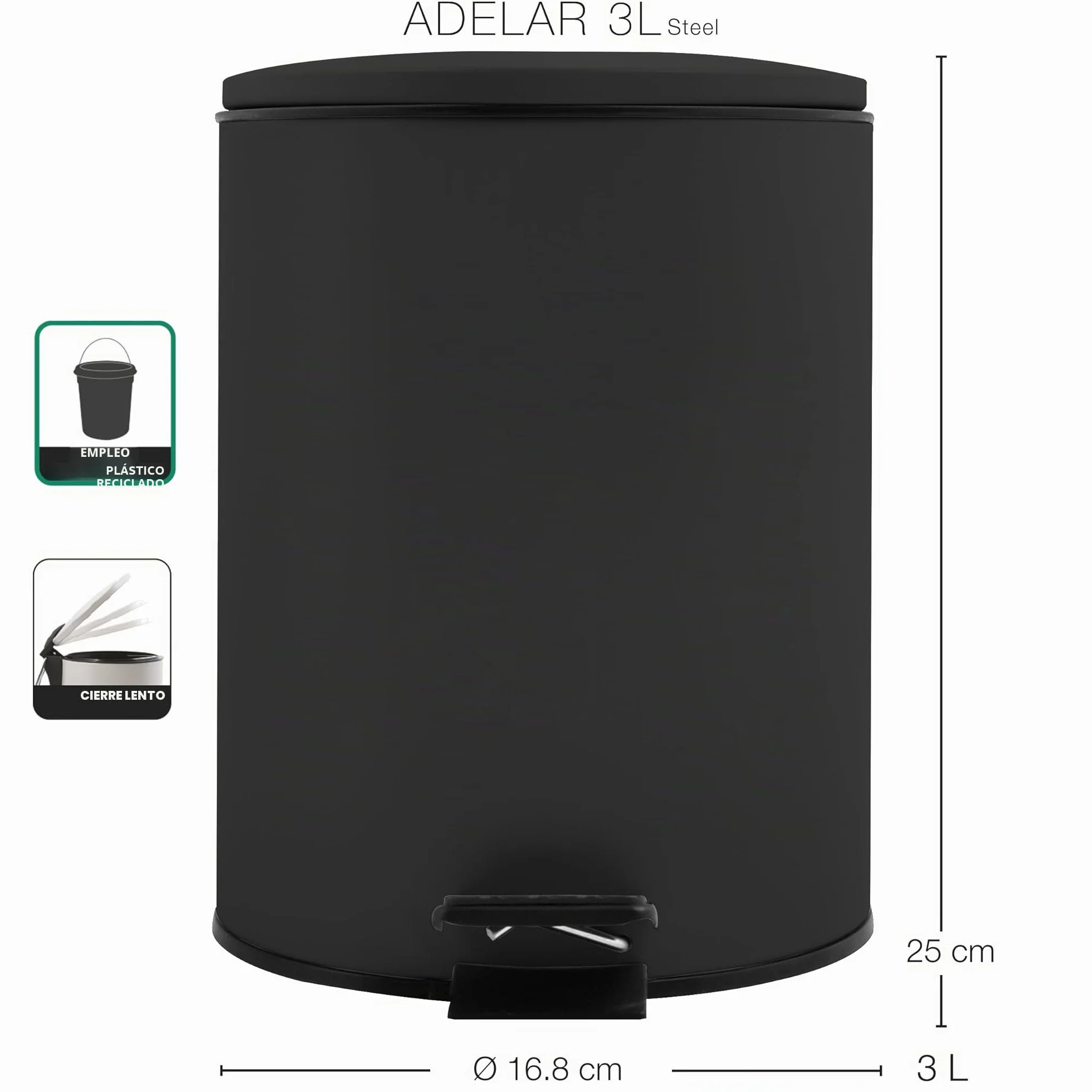 Spirella - Papelera de pedal Adelar - Acero mate - Cierre lento y silencioso - Revestimiento antihuellas - Diseño moderno y elegante - Negro mate - 3 L