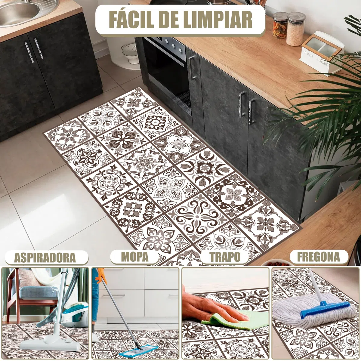 Alfombras Vinilicas para el Hogar 80 x 40 Marrón - Alfombra Vinilica Cocina Resistente y Antitropiezos - Alfombra Cocina Lavable Antideslizante para Interior/Exterior - Alfombras de Vinilo Esponjosas
