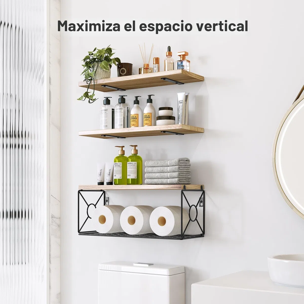 Pipishell Estantes flotantes con Cesta de Alambre de estroraje, estantes de baño de Madera de Paulownia para organización del hogar y decoración de Pared, estantes de baño/Cocina/Sala de