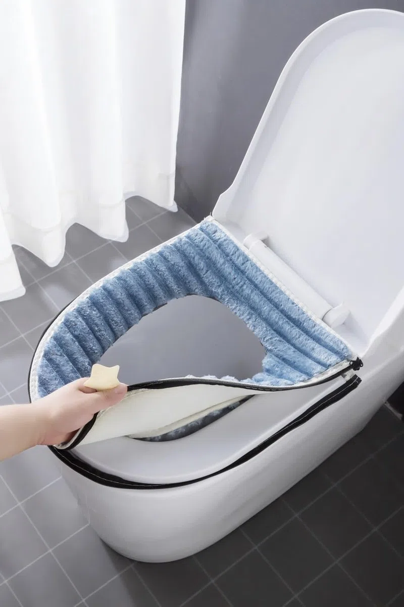 Paquete de 2 fundas de asiento de inodoro más gruesas y suaves, fundas de cojín para asiento de inodoro para baño, lavables y cálidas, con cremallera y asa, se adapta a la mayoría de tamaños de tapas