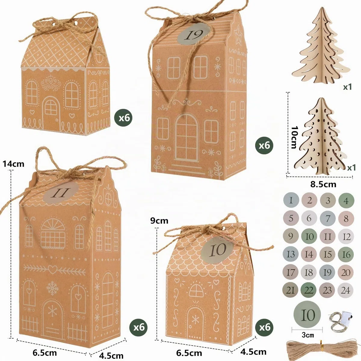 RUBY Calendario de Adviento para rellenar – 24 casitas de jengibre DIY con luces LED, cuerda de yute, pegatinas numeradas – Reutilizable para la familia