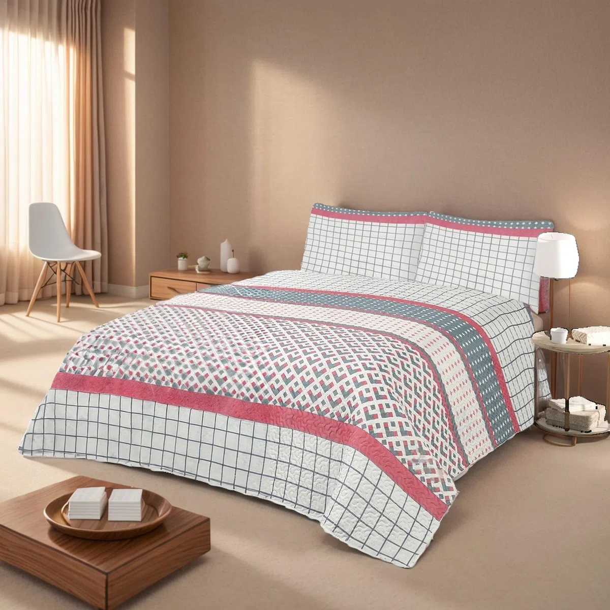 Colcha Bouti 250x260cm Reversible Estampada 100% Microfibra Extra Suave Colcha Cubre Cama Multiusos para Primavera y Verano Incluye 2 Fundas de Cojín, Cama 140/150/160cm - Cuadros Vibrantes