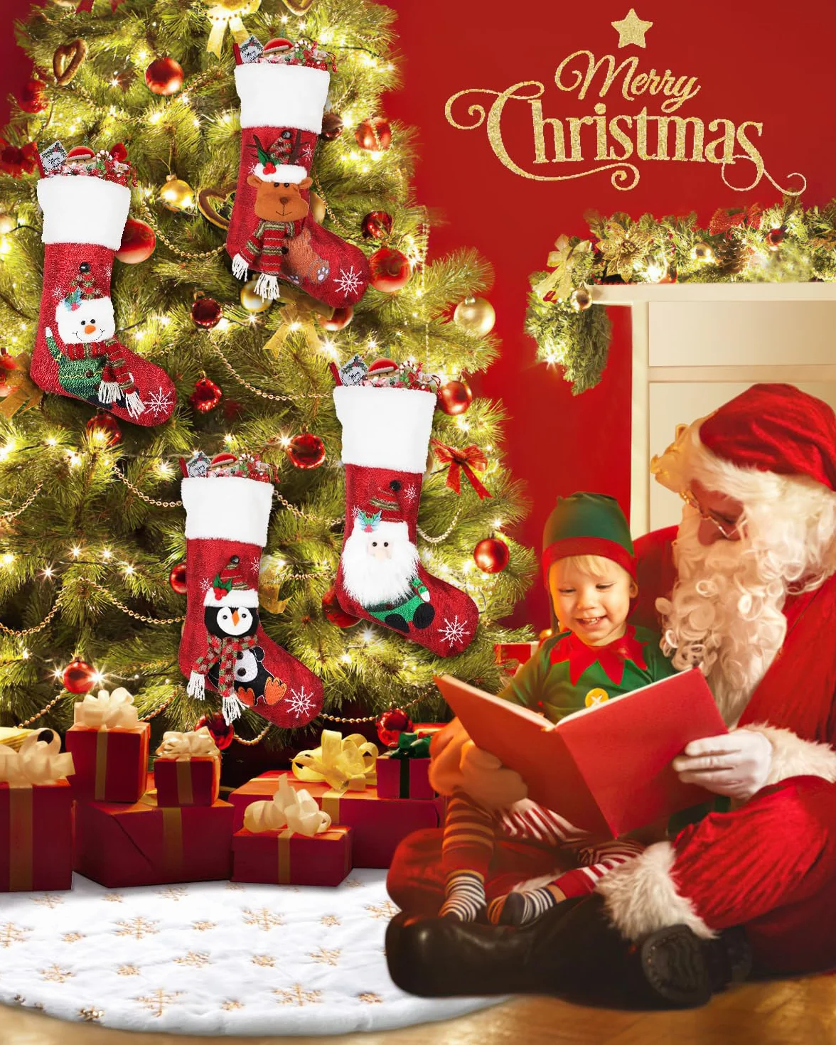 COOLWUFAN 48 Inches/122CM Falda para Arbol de Navidad para Decoraciones de Fiesta de Navidad de Arbol de Navidad Copo de Nieve de Lentejuelas Dorado de Felpa Blanca