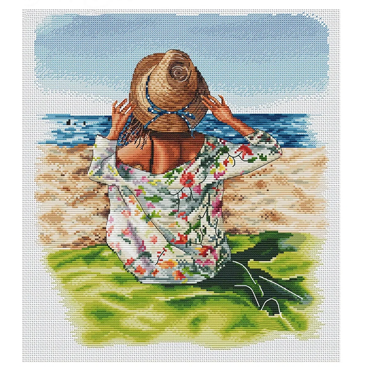 cukol cukol Kit Punto de Cruz con Hilos y Tela Impresa Completo 46x51 cm | Patrones de Chica Playa Cuadros 11, Esquemas de Bordado Principiantes, Manualidades DIY para Decoracion Hogar