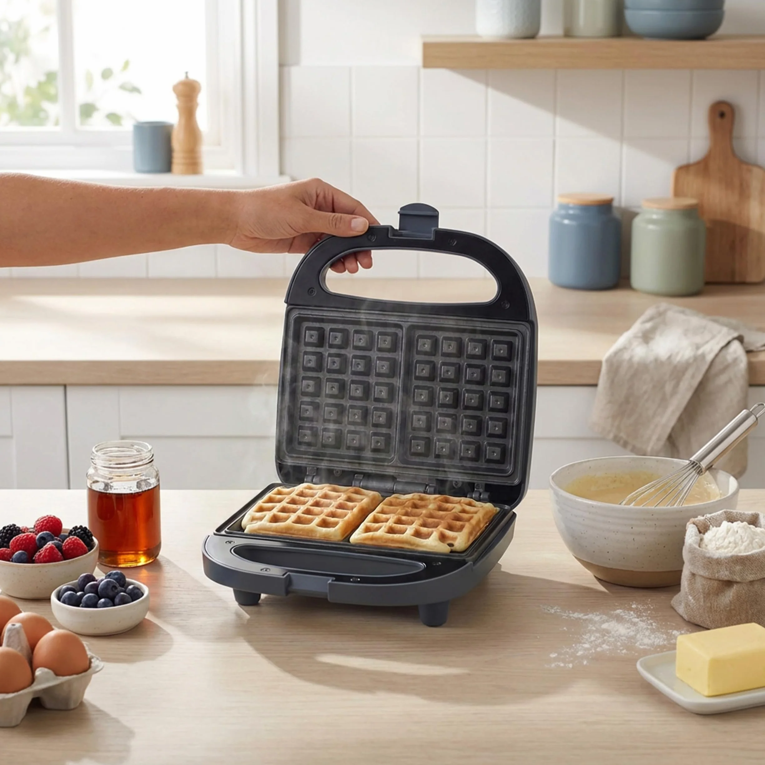 Progress Mellow Waffle Maker - 2 rebanadas, control automático de temperatura, luces indicadoras de encendido/listo, placas de cocción antiadherentes, asas de transporte frías al tacto, 750 W