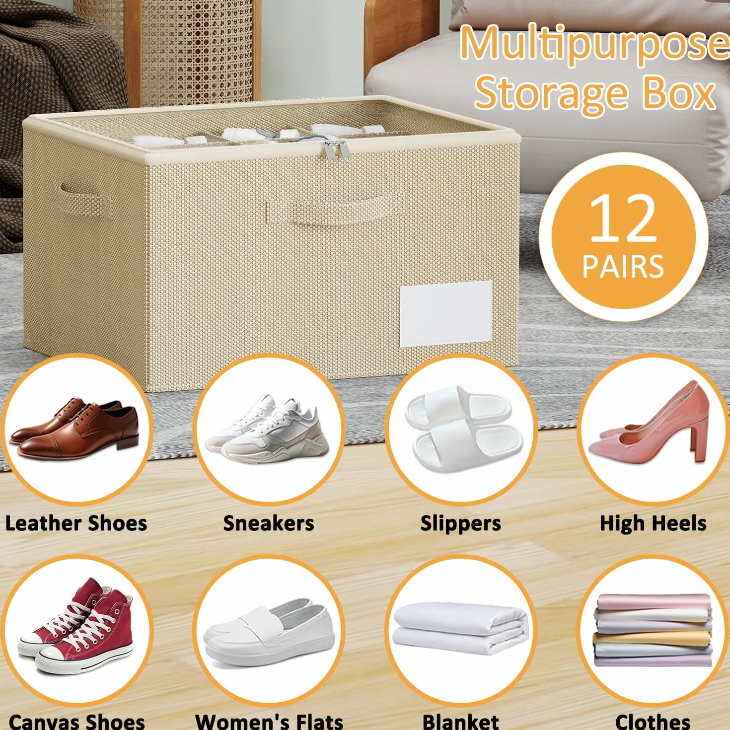 Organizador Zapatos Armario, Caben 12 Pares, Cajas Almacenaje Zapatos Plegable, Organizador de Zapatos con Tapa Transparente, Soporte Inferior y Asas Reforzadas - Beige