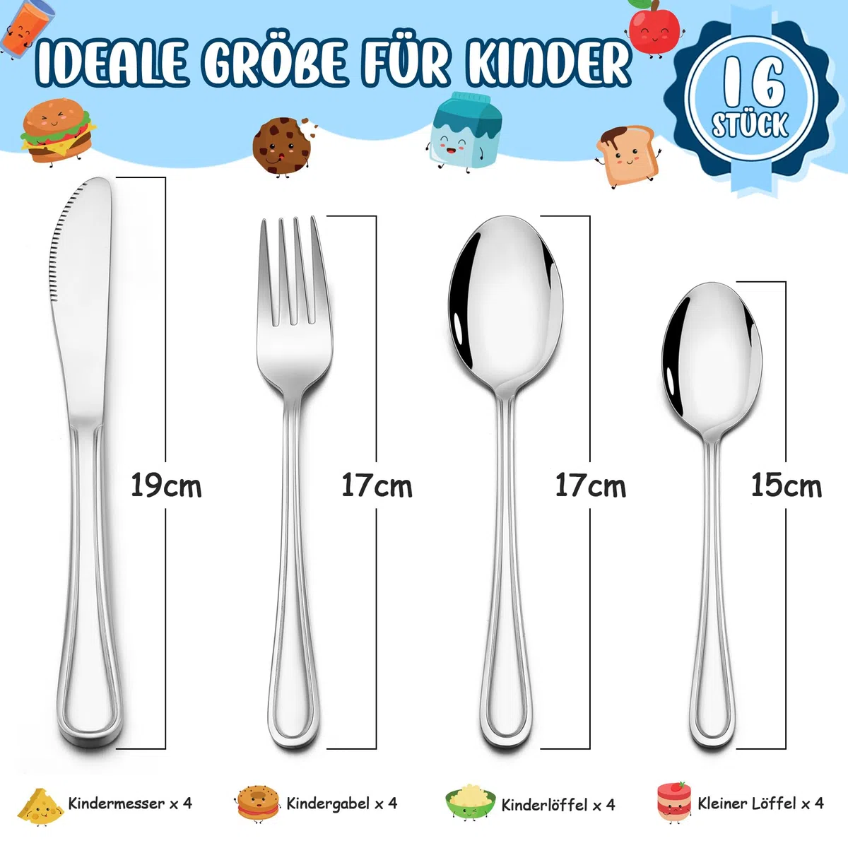 HaWare Cubertería infantil de acero inoxidable, juego de 8 (16, líneas simples)