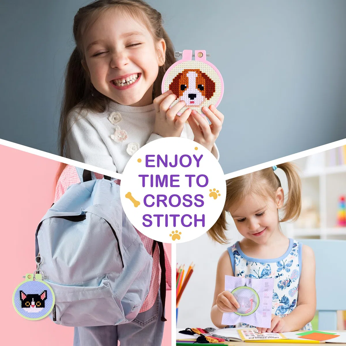 Caydo Juego de 5 kits de punto de cruz para niños con estampado de gatos y perros, para principiantes, llaveros para mochila, adornos para manualidades