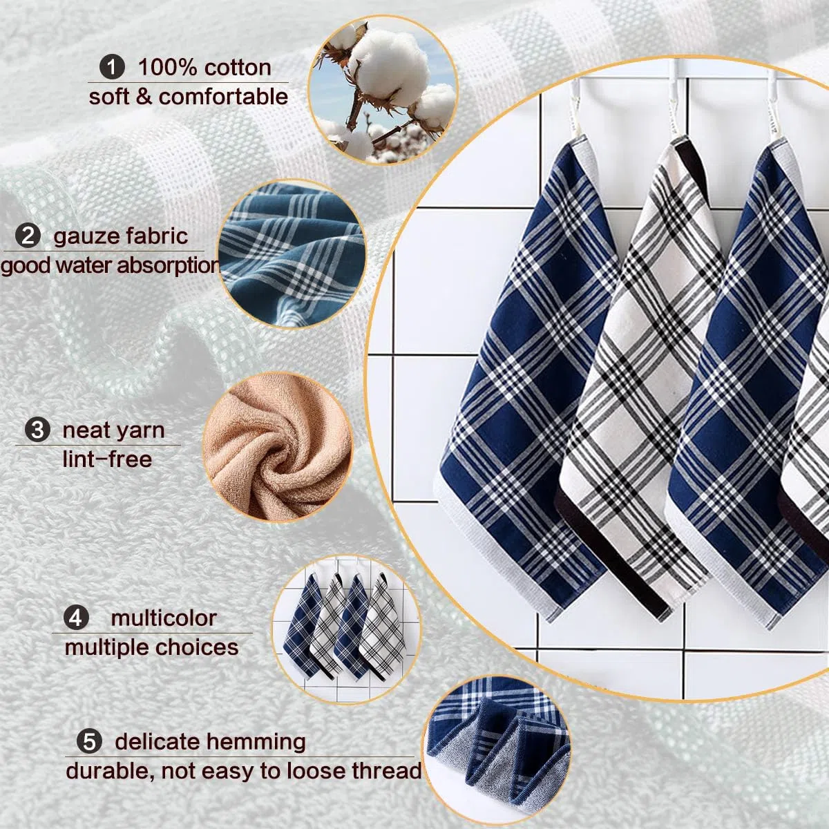 Paños de Cocina Algodón 34 x 34 cm Trapos Cocina 100% Algodon Juego de 6 Kitchen Towels Súper Absorbentes Trapos Azules a Cuadros Textiles de Cocina para Secar