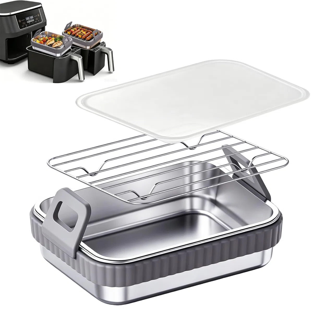 Complementos Freidora de Aire de Acero Inoxidable Compatibles Ni-nj-a Accesorios Airfryer Resistentes con Escurridor Aceite y Tapa Recipiente Air Fryer Multifunción para Hornear Freír y Asar