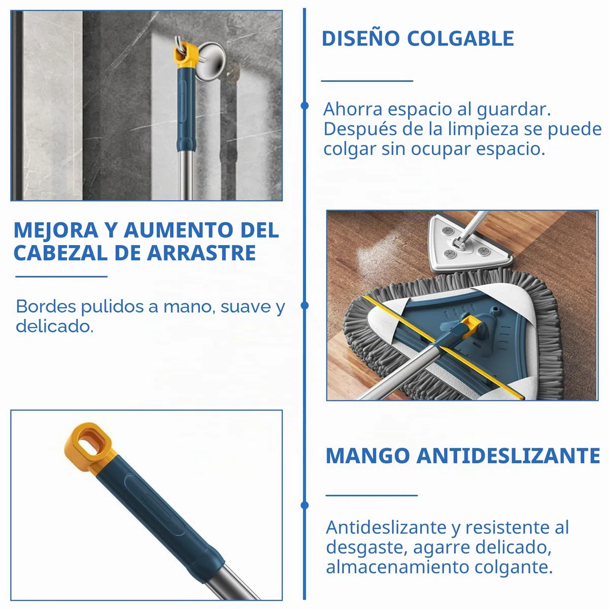 Mopa de limpieza triangular de 360 grados, fregona de azulejos y pared, limpiador de ventanas con mango largo, fregona giratoria ajustable y multifuncional, para