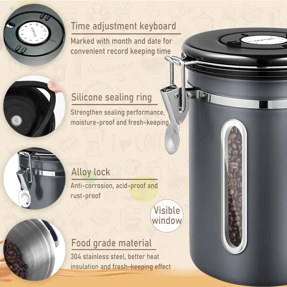 Bote para Café,1.8L Tarro de café hermético,contenedor de café de Acero Inoxidable,Caja de Almacenamiento de Alimentos,con Válvula de CO2 y cuchara,para cafe grano o cafe molido,Gris