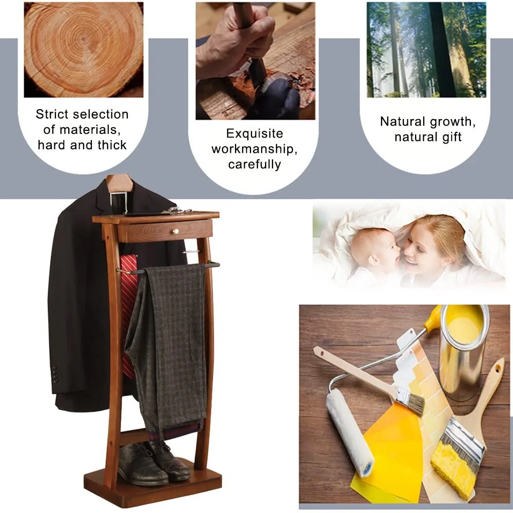 RajoNN Perchero de pie para Ropa, Perchero de Madera Maciza para Trajes, Organizador de pie para Ropa, Perchero con Percha y Barra para Pantalones para Oficina, Sala de Estar, Dormitorio