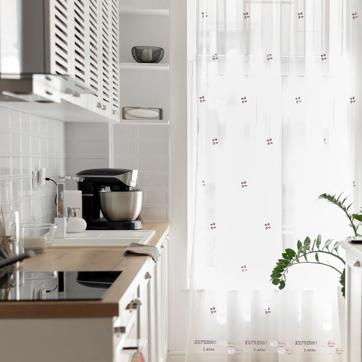HOMEYA - Cortina Cocina Translúcida 140x180cm - Visillo Transparente Estampado para Ventana, Marco de Puerta - 1 Unidad