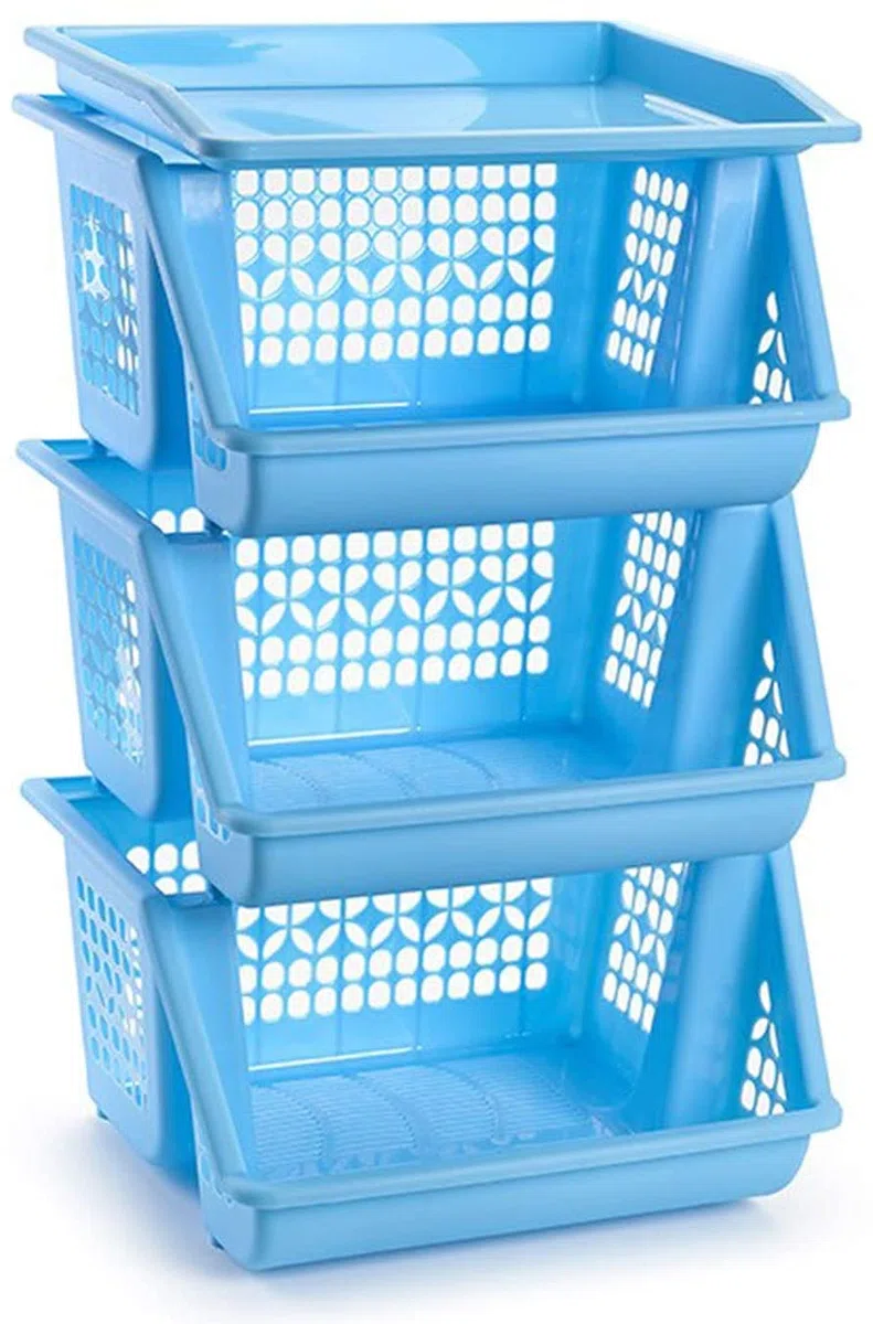 Acan Tradineur - Pack de 3 Cestas Apilables Multiusos 62 x 38,5 x 32 cm - Carro Verdulero, Organizador de Plástico Resistente - Fabricado en España (Azul Claro ) (PLUS)