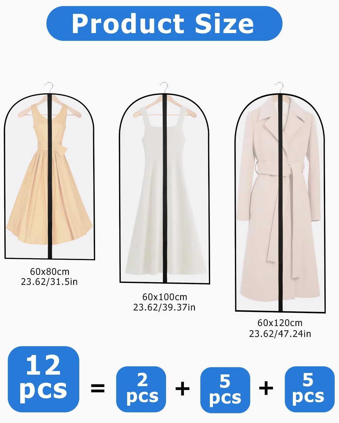 12 Fundas de Ropa, Fundas Ropa Armario Transparente 60 x 120/100/80 cm, Bolsas Guardar Ropa Antipolvo Impermeable Camisas, Bolsa de Ropa para Traje, Vestidos, Camisas,Noche, Negro