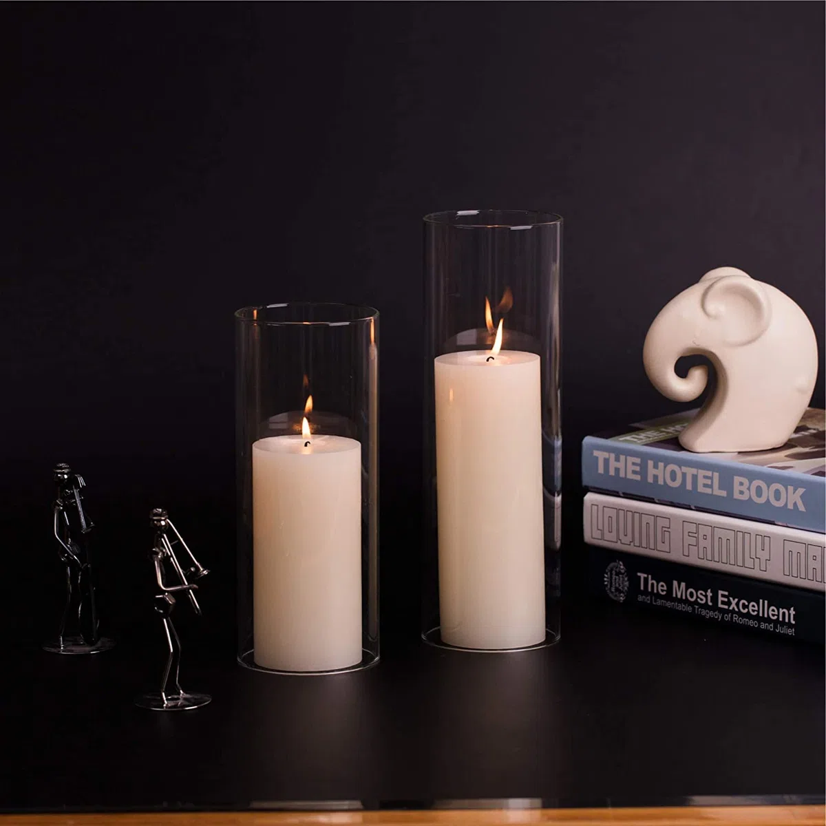 Juego de 2 portavelas cilíndricas de cristal, portavelas de cristal sin fondo, candelabro transparente para pilar, tubo abierto grande de 8,5 cm, altura 20,3 cm