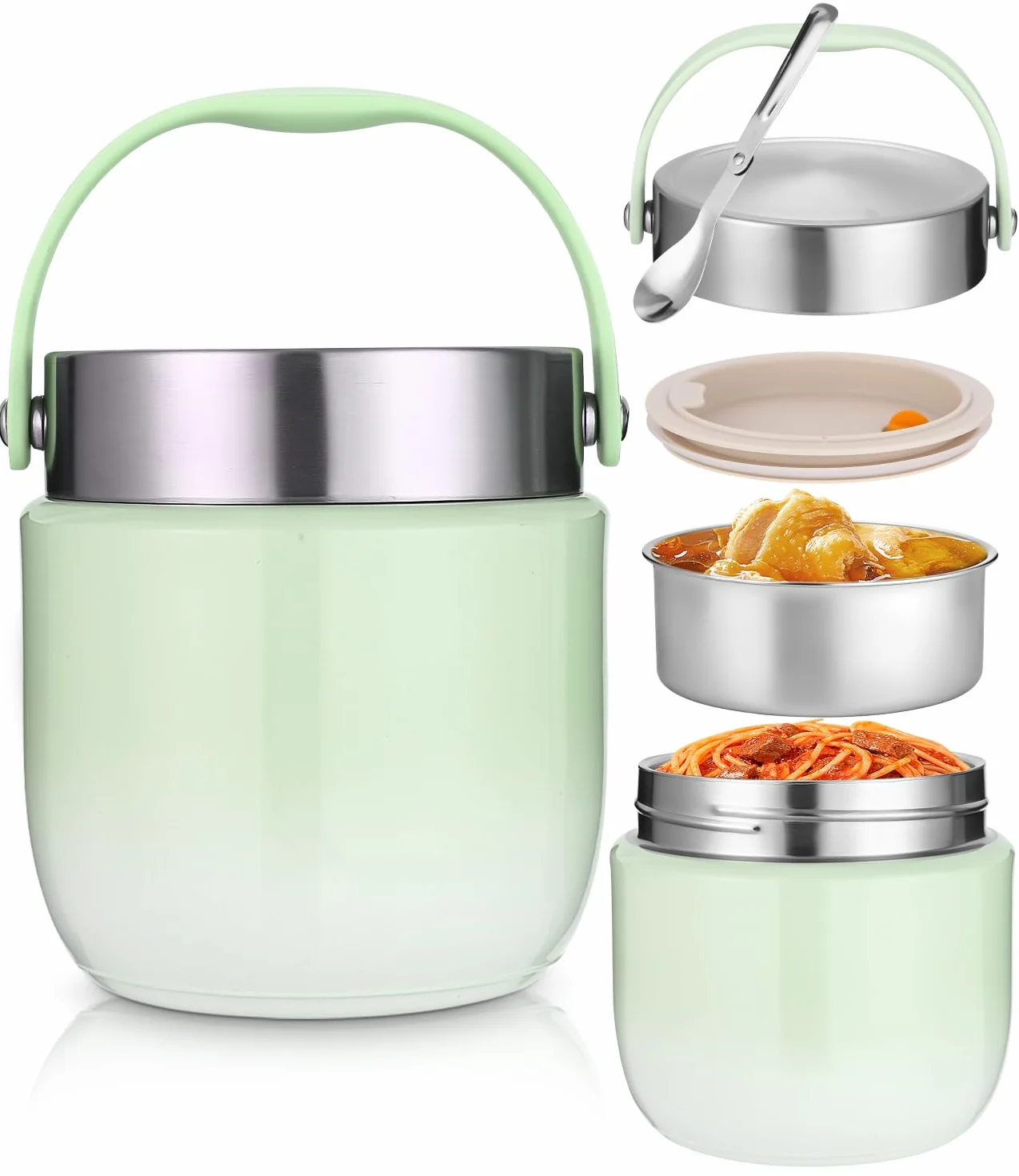 Recipiente térmico para alimentos, 1200 ml, cuenco térmico con tapa, recipiente para calentar de acero inoxidable con cuchara plegable, fiambrera térmica para niños y adultos para guardar sopas