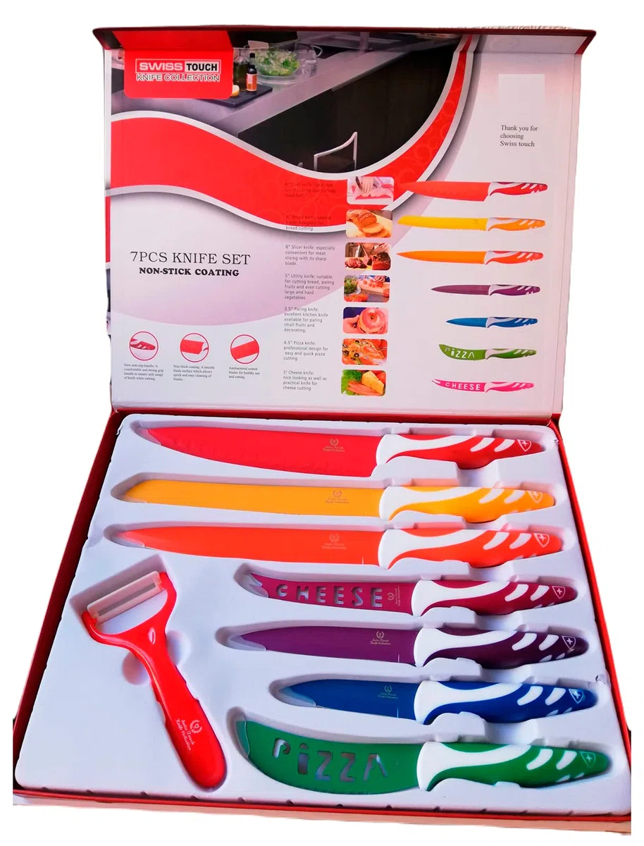 Juego de 7 cuchillos de colores diferentes y pelador | Cuchillos con mangos ergonómicos antideslizantes | Aptos para lavavajillas | Lámina de acero inoxidable esmaltado