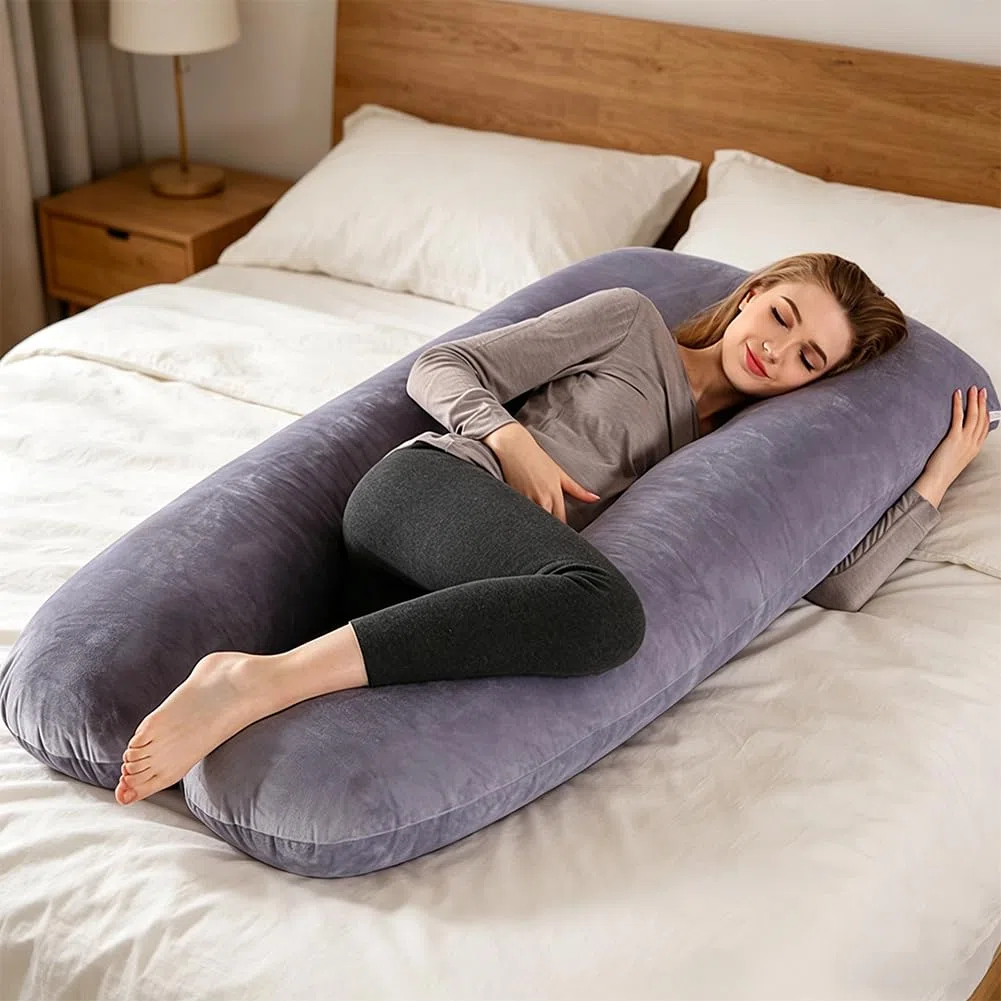 FARYODI Almohada de repuesto en forma de U, 140 x 80 cm, funda de almohada para embarazadas y lactancia, 100 % algodón, extraíble y lavable a máquina, respetuosa con la piel, transpirable (gris)