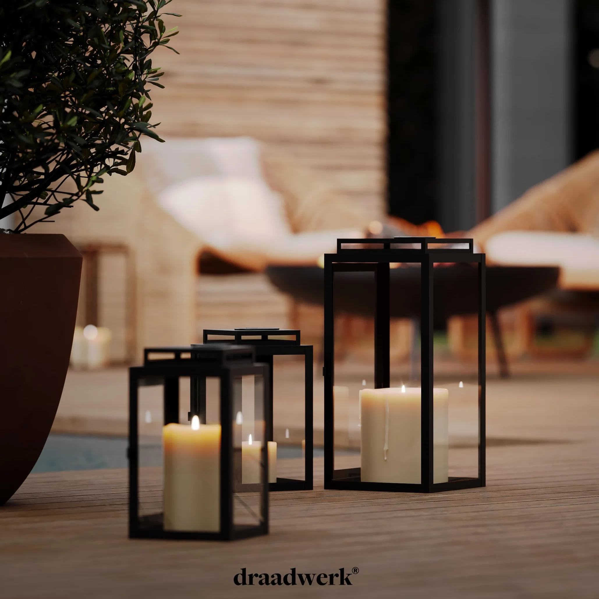 draadwerk Juego de farolillos grandes, decoración para interior y exterior (negro)