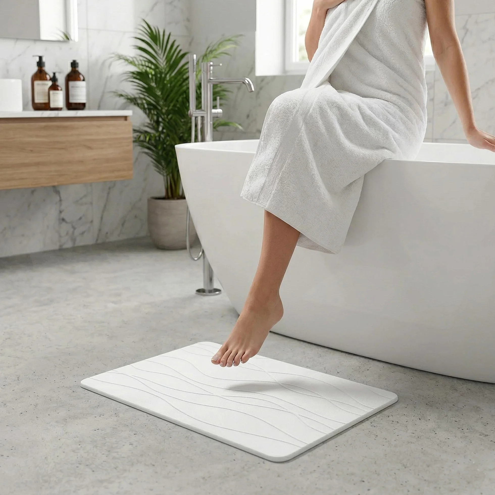 NK Alfombra Diatomita Baño 60 x 40 cm - Alfombrilla de Piedra Super Absorbente, Secado Rápido y Antideslizante para Ducha, Stone Bath Mat (Blanco)