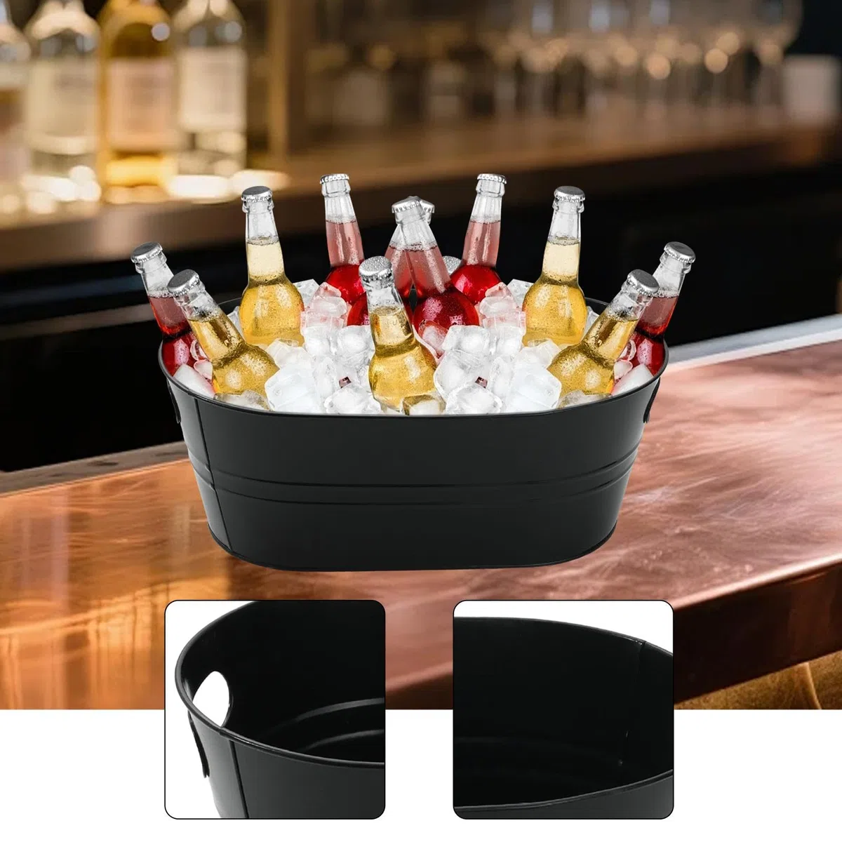 Cubo Ovalado de Hielo, Enfriador de Bebidas Clásico, Contenedor Galvanizado para, Negro, Individual