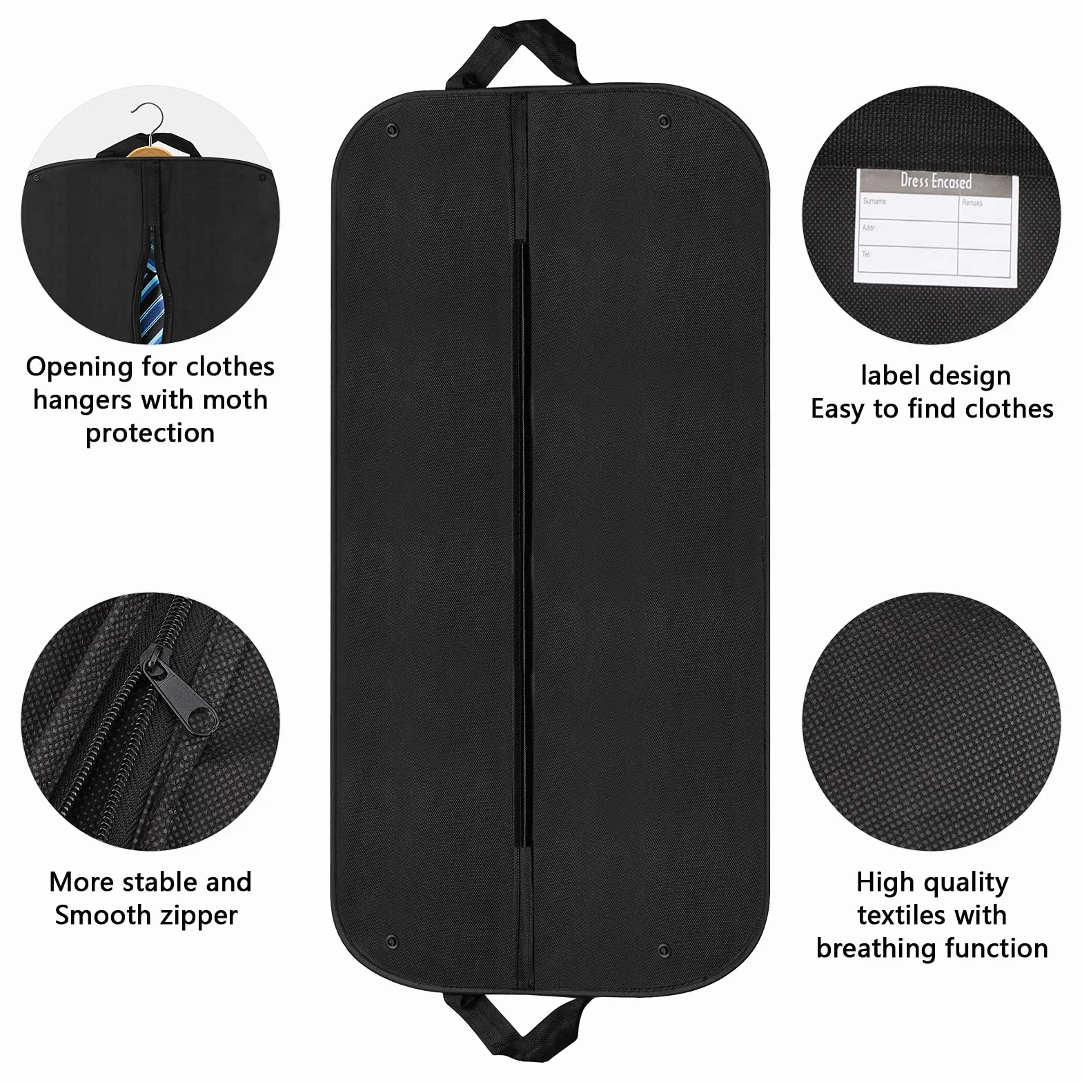 Funda de ropa, 2 Piezas Plegable Transpirable Bolsas para traje con Asas para viajar, Cubierta con Cremallera Organizador, 60*100cm, Negro