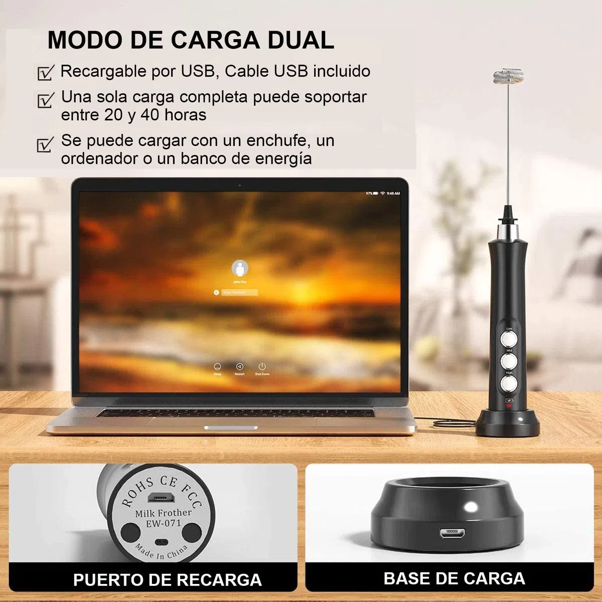 Bauihr Espumador de Leche USB, Espumador leche electrico, Regulable en 3 velocidades, con 3 Batidores de Acero Inoxidable, para Cafe, Matcha,colacao