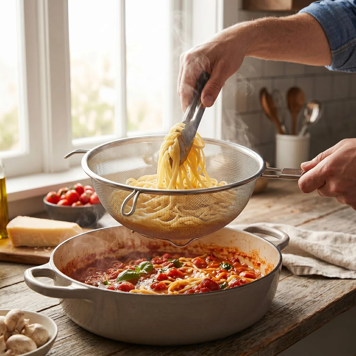 Colador de Cocina de Malla Fina Con Patas - Escurridor de Acero Inoxidable Para Drenar Pasta, Verduras, Frutas, Arroz y Harina - 22 cm