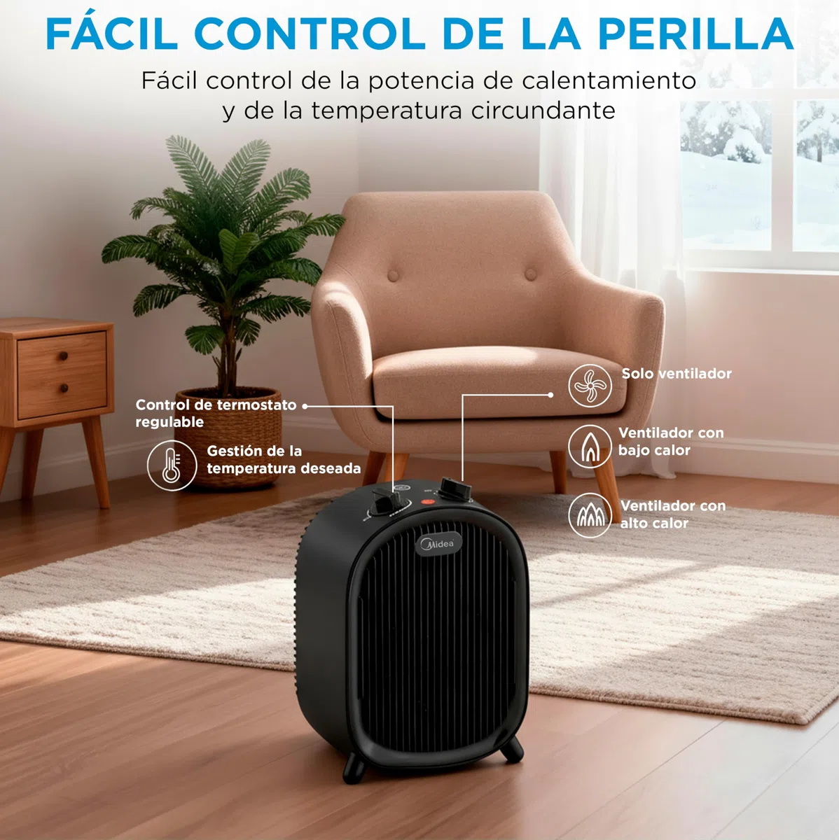 MIDEA Calefactor Baño Bajo Consumo 2000W | Calefactor Eléctrico con Función Aire Frío y 2 Niveles de Potencia | Calentador Portatil con Termostato Regulable y Protección Sobrecalentamiento, Negro