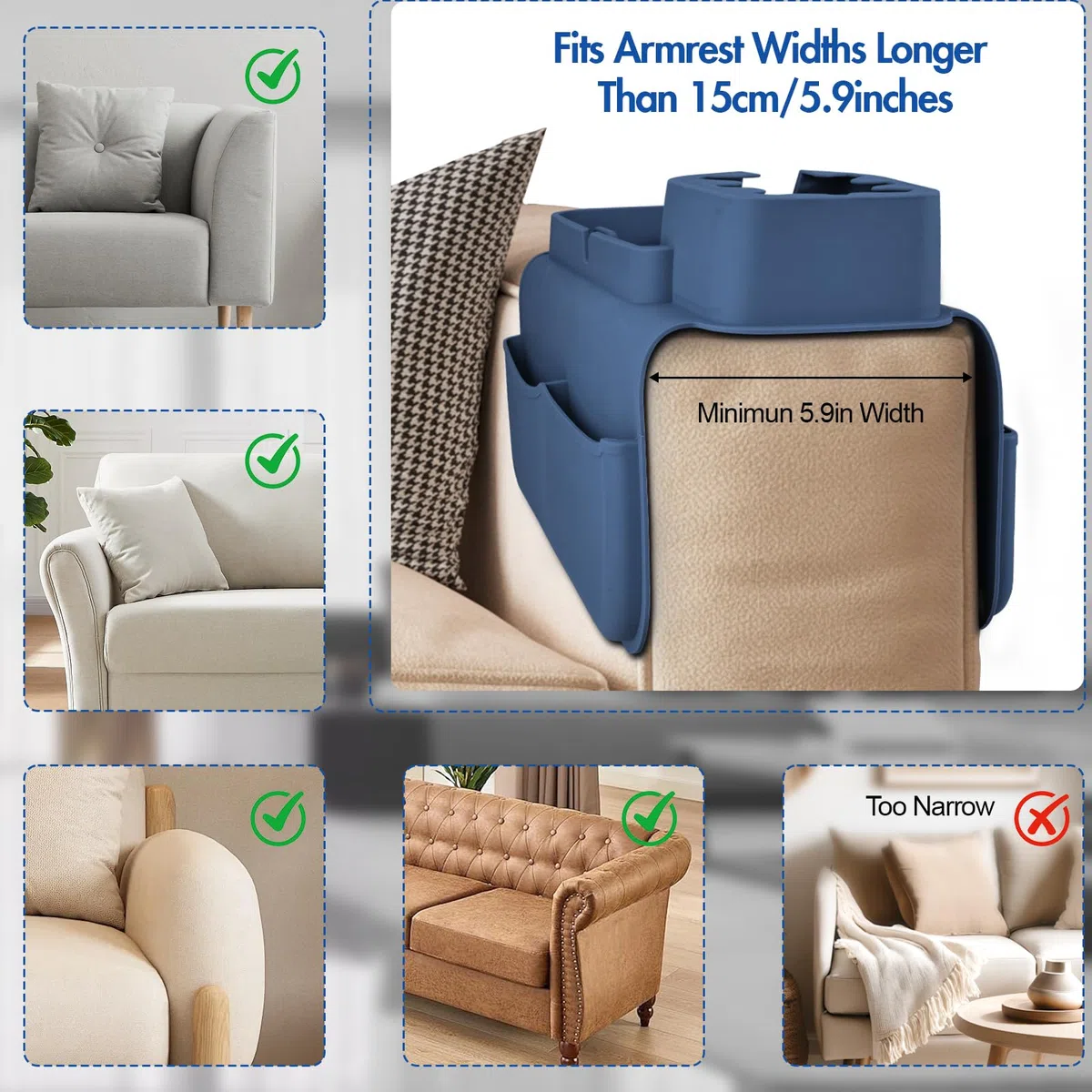 Reposabrazos Sofa Silicona Antideslizante, Bandeja Sofa con Soporte Móvil y Tablet, Organizador de Mando, Bandeja Reposabrazos Sofa de Brazo con Portavasos, Impermeable para Bebidas (Blue)