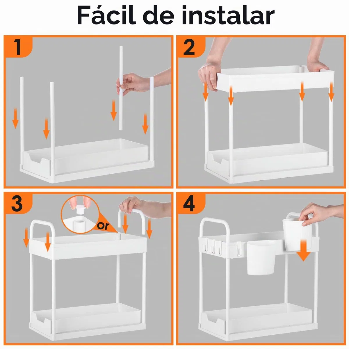 Organizador Cocina 2 Niveles, Deslizable bajo Fregadero, Extraíble Estante Almacenamiento Debajo con 8 Ganchos y 4 Cesta Colgante para Cajones, Baño Blanco-1 Paquete