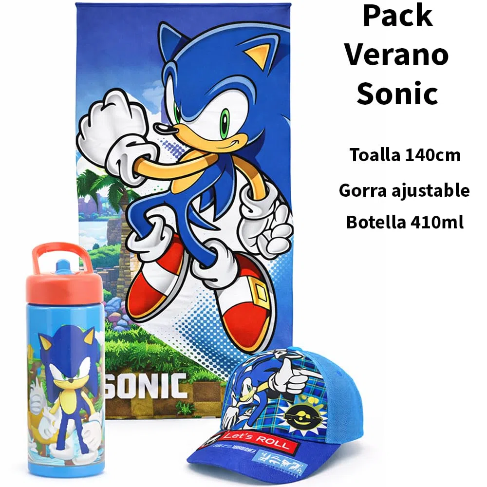 MARUKATSU Sonic Pack Playa Niño Completo Toalla 140x70 cm + Gorra Ajustable + Botella 410ml – Set Verano Infantil Microfibra Secado Rápido Piscina